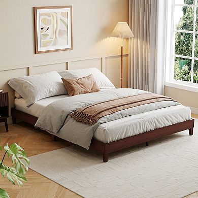 Queen Size Wooden Platform Bed Frame, Sturdy Support, No Box Spring Needed, Dark Walnut Finish