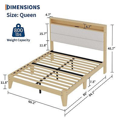Queen Size Upholstered Platform Bed with LED Headboard Shelf, Charging Station,Linen Fabric