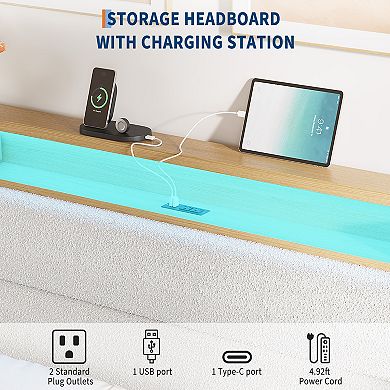 Queen Size Upholstered Platform Bed with LED Headboard Shelf, Charging Station,Linen Fabric