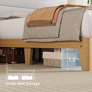 Queen Size Upholstered Platform Bed with LED Headboard Shelf, Charging Station,Linen Fabric