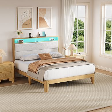 Queen Size Upholstered Platform Bed with LED Headboard Shelf, Charging Station,Linen Fabric