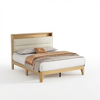 Queen Size Upholstered Platform Bed with LED Headboard Shelf, Charging Station,Linen Fabric