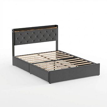 Full Size Upholstered Platform Bed Frame, Storage Drawers, Headboard Shelf, No Box Spring Needed