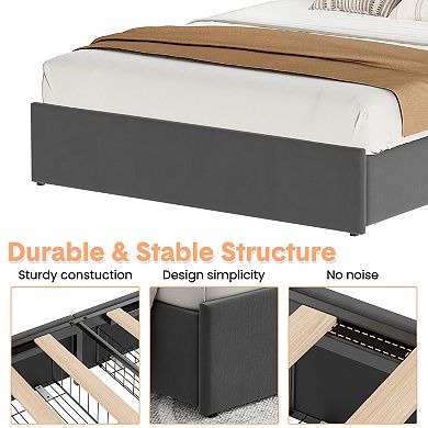 Full Size Upholstered Platform Bed Frame, Storage Drawers, Headboard Shelf, No Box Spring Needed