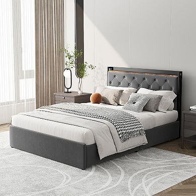 Full Size Upholstered Platform Bed Frame, Storage Drawers, Headboard Shelf, No Box Spring Needed