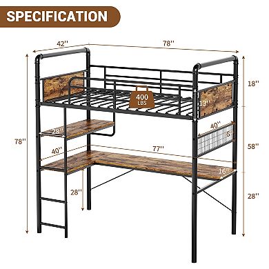 Heavy Duty Twin Metal Loft Bed with L-Shaped Desk, 2 Storage Shelves & Decorative Mesh High