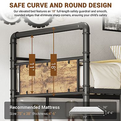 Heavy Duty Twin Metal Loft Bed with L-Shaped Desk, 2 Storage Shelves & Decorative Mesh High