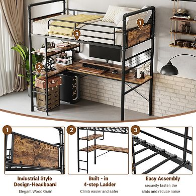Heavy Duty Twin Metal Loft Bed with L-Shaped Desk, 2 Storage Shelves & Decorative Mesh High