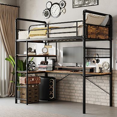 Heavy Duty Twin Metal Loft Bed with L-Shaped Desk, 2 Storage Shelves & Decorative Mesh High