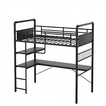 Heavy Duty Twin Metal Loft Bed with L-Shaped Desk, 2 Storage Shelves & Decorative Mesh High