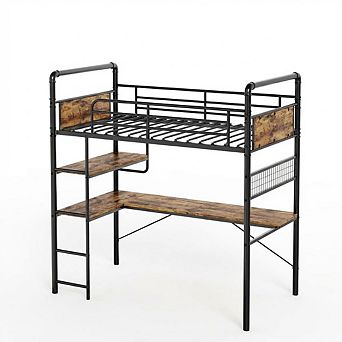 Heavy Duty Twin Metal Loft Bed with L-Shaped Desk, 2 Storage Shelves & Decorative Mesh High