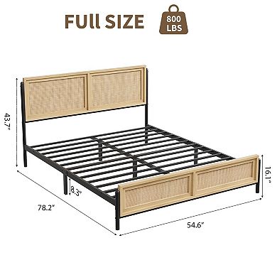 Full Size Rattan Bed Frame with PB & Iron Support, Boho Platform Bed