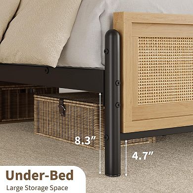 Full Size Rattan Bed Frame with PB & Iron Support, Boho Platform Bed