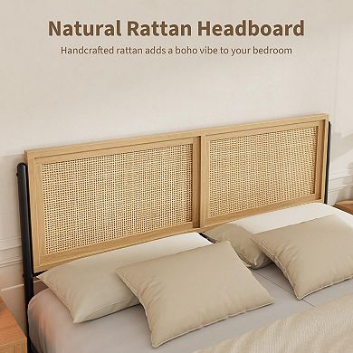 Full Size Rattan Bed Frame with PB & Iron Support, Boho Platform Bed