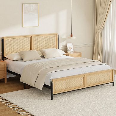 Full Size Rattan Bed Frame with PB & Iron Support, Boho Platform Bed