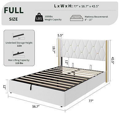 Full Size Lift Up Storage Bed Frame, Velvet Upholstered with Diamond Tufted Gold Wingback