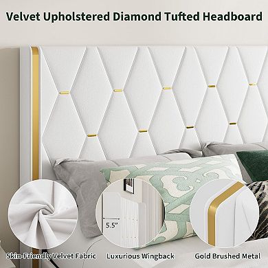 Full Size Lift Up Storage Bed Frame, Velvet Upholstered with Diamond Tufted Gold Wingback