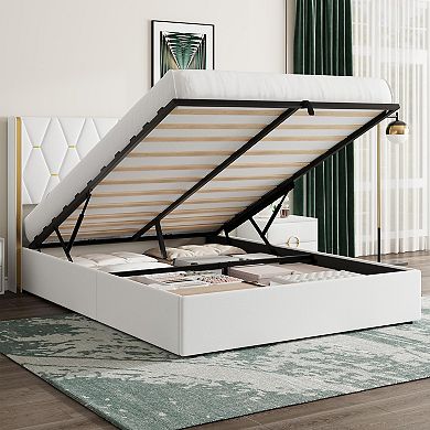 Full Size Lift Up Storage Bed Frame, Velvet Upholstered with Diamond Tufted Gold Wingback