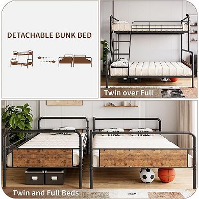 Twin Over Full Bunk Bed, Industrial Metal Frame, Ladder, Safety Guardrails