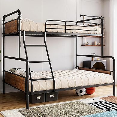 Twin Over Full Bunk Bed, Industrial Metal Frame, Ladder, Safety Guardrails