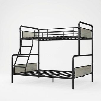 Twin Over Full Bunk Bed, Industrial Metal Frame, Ladder, Safety Guardrails