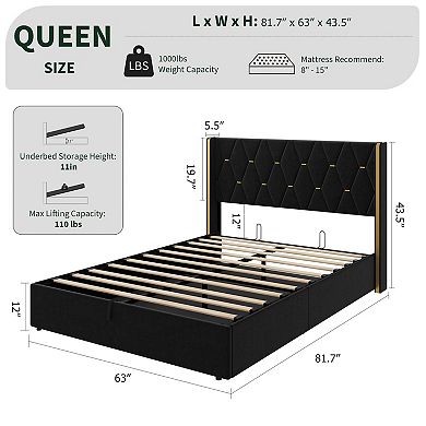 Queen Size Lift Up Storage Bed Frame, Velvet Upholstered with Diamond Tufted Gold Wingback