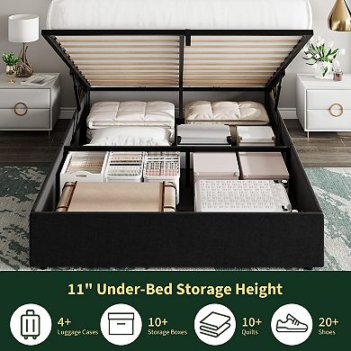Queen Size Lift Up Storage Bed Frame, Velvet Upholstered with Diamond Tufted Gold Wingback