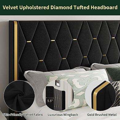 Queen Size Lift Up Storage Bed Frame, Velvet Upholstered with Diamond Tufted Gold Wingback