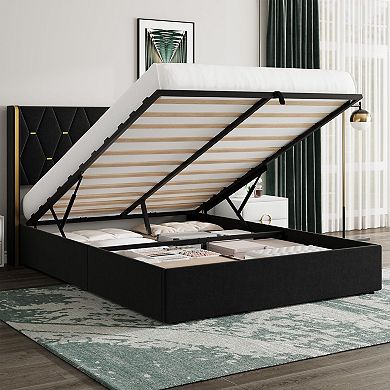 Queen Size Lift Up Storage Bed Frame, Velvet Upholstered with Diamond Tufted Gold Wingback