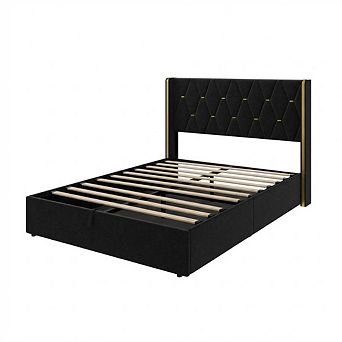 Queen Size Lift Up Storage Bed Frame, Velvet Upholstered with Diamond Tufted Gold Wingback