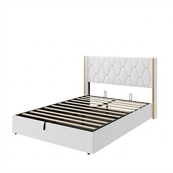 Queen Size Lift Up Storage Bed Frame, Velvet Upholstered with Diamond Tufted Gold Wingback