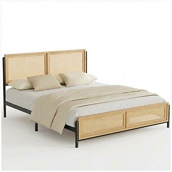 Natural Wood King Size Rattan Platform Bed, PB & Iron Construction, Boho Rattan Bed