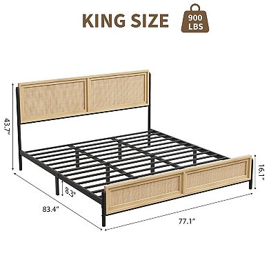 Natural Wood King Size Rattan Platform Bed, PB & Iron Construction, Boho Rattan Bed