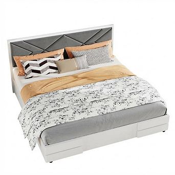 Full Size Upholstered Bed Frame, MDF Wooden Bed with Fabric Headboard, No Box Spring