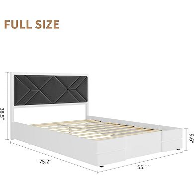 Full Size Upholstered Bed Frame, MDF Wooden Bed with Fabric Headboard, No Box Spring