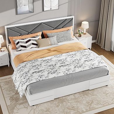 Full Size Upholstered Bed Frame, MDF Wooden Bed with Fabric Headboard, No Box Spring