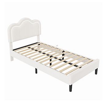 Twin Size Upholstered Platform Bed Frame, RGB LED Lights, Mountain Headboard, Beige