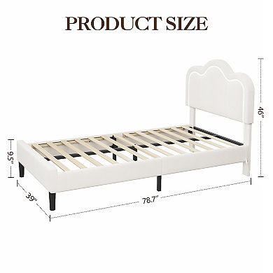 Twin Size Upholstered Platform Bed Frame, RGB LED Lights, Mountain Headboard, Beige