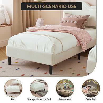 Twin Size Upholstered Platform Bed Frame, RGB LED Lights, Mountain Headboard, Beige