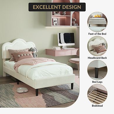 Twin Size Upholstered Platform Bed Frame, RGB LED Lights, Mountain Headboard, Beige