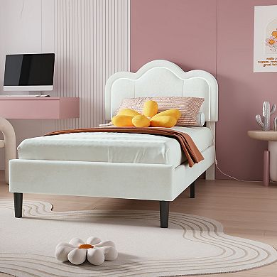 Twin Size Upholstered Platform Bed Frame, RGB LED Lights, Mountain Headboard, Beige