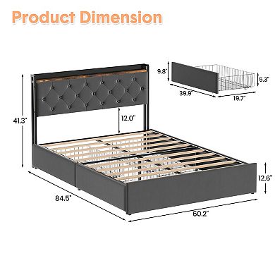 Queen Size Upholstered Platform Bed Frame, Storage Drawers, Headboard Shelf, No Box Spring Needed