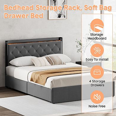 Queen Size Upholstered Platform Bed Frame, Storage Drawers, Headboard Shelf, No Box Spring Needed