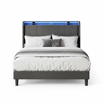 Queen Bed Frame with LED Light and Charging Station, LED Bed with Upholstered Storage Headboard