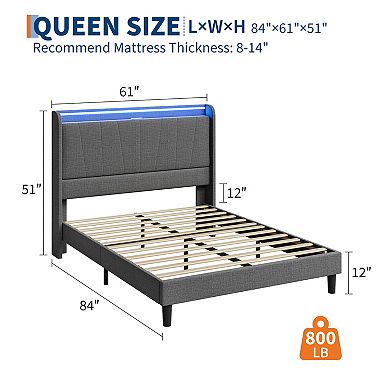 Queen Bed Frame with LED Light and Charging Station, LED Bed with Upholstered Storage Headboard