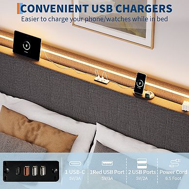 Queen Bed Frame with LED Light and Charging Station, LED Bed with Upholstered Storage Headboard