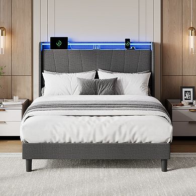 Queen Bed Frame with LED Light and Charging Station, LED Bed with Upholstered Storage Headboard