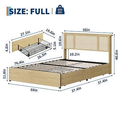 Boho Full Bed Frame with 3 Rattan-MDF Panels & 4 Drawers, Storage Platform Bed