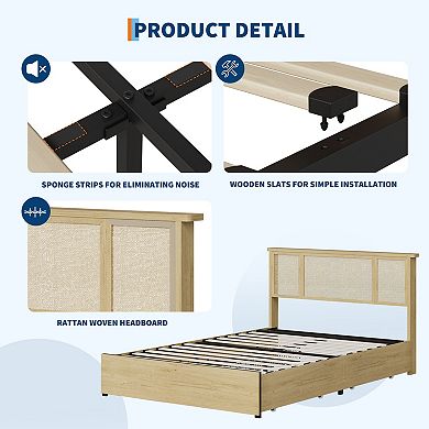 Boho Full Bed Frame with 3 Rattan-MDF Panels & 4 Drawers, Storage Platform Bed