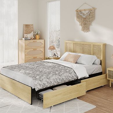 Boho Full Bed Frame with 3 Rattan-MDF Panels & 4 Drawers, Storage Platform Bed